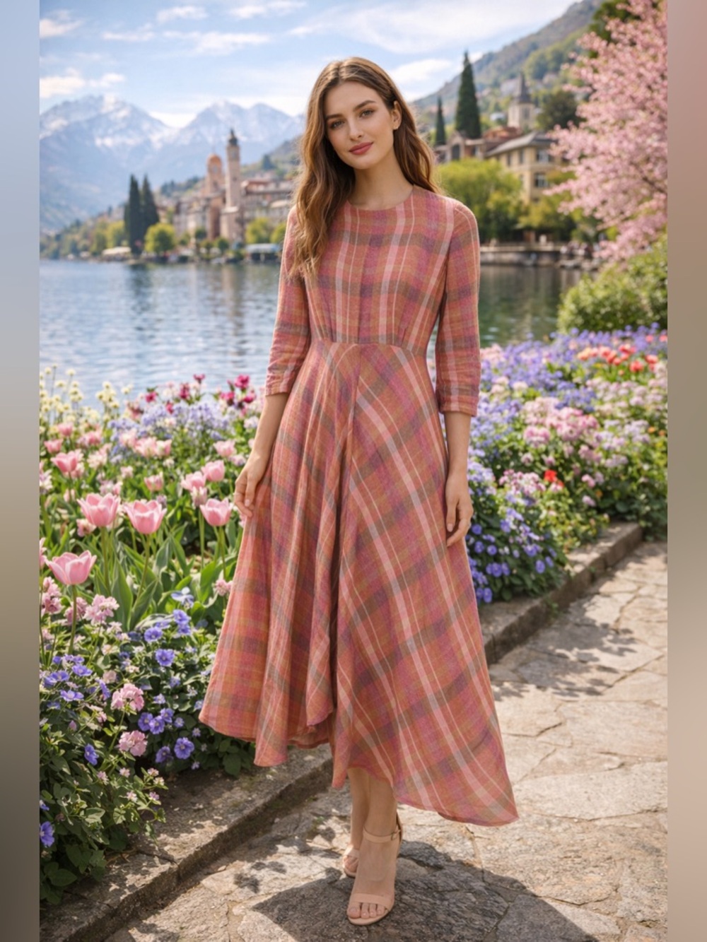 Mango Elegant Pink Plaid Women's Dress